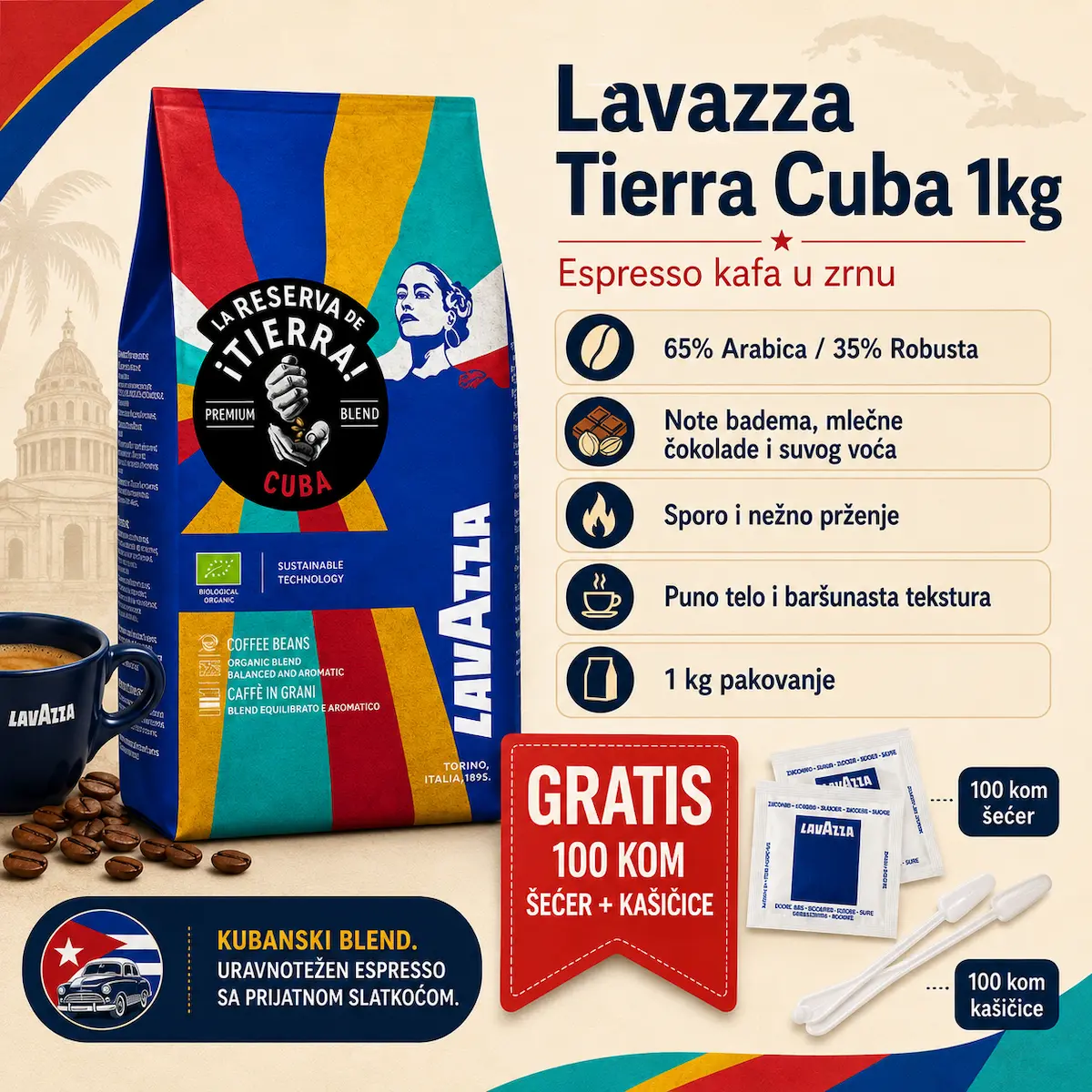 Lavazza Tierra Cuba 1kg sa gratis šećerom i kašičicama