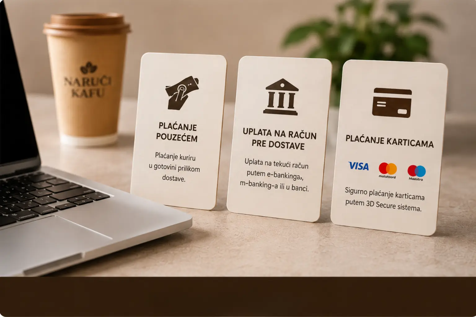 Četiri koraka online kupovine kafe: izbor proizvoda, korpa, unos podataka i potvrda porudžbine